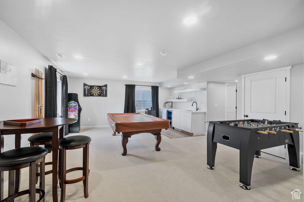 Rec room featuring wet bar, light carpet, recessed lighting, billiards, and wine cooler