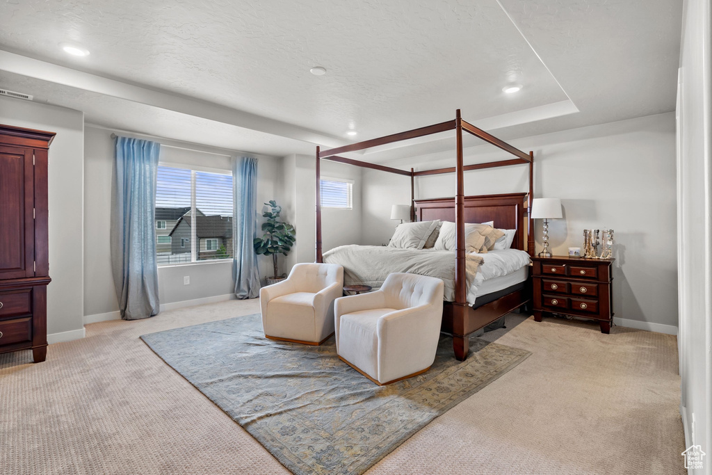 Bedroom with light carpet, a raised ceiling, baseboards, and recessed lighting
