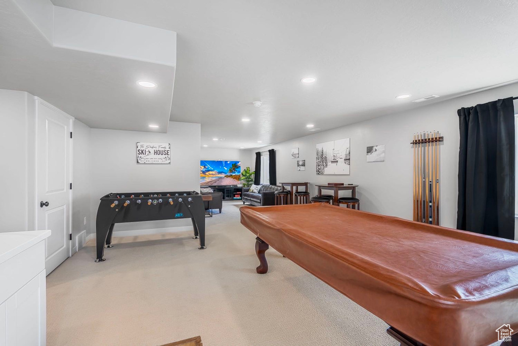 Recreation room with light colored carpet, billiards, recessed lighting, and baseboards