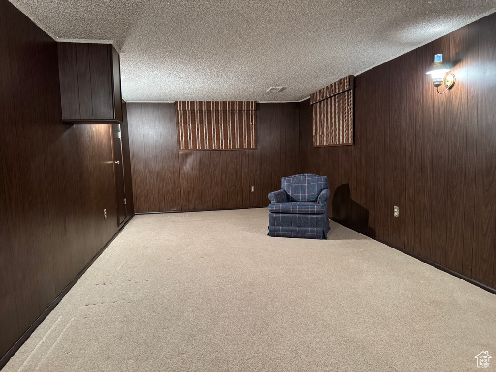 Unfurnished room with light carpet, a textured ceiling, and wood walls