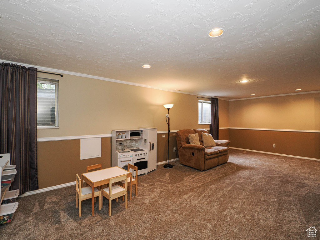 Playroom featuring carpet floors, crown molding, baseboards, a textured ceiling, and recessed lighting