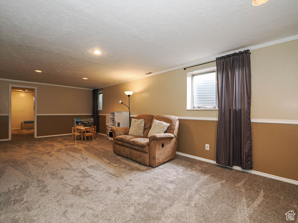 Carpeted living area featuring crown molding, recessed lighting, and baseboards