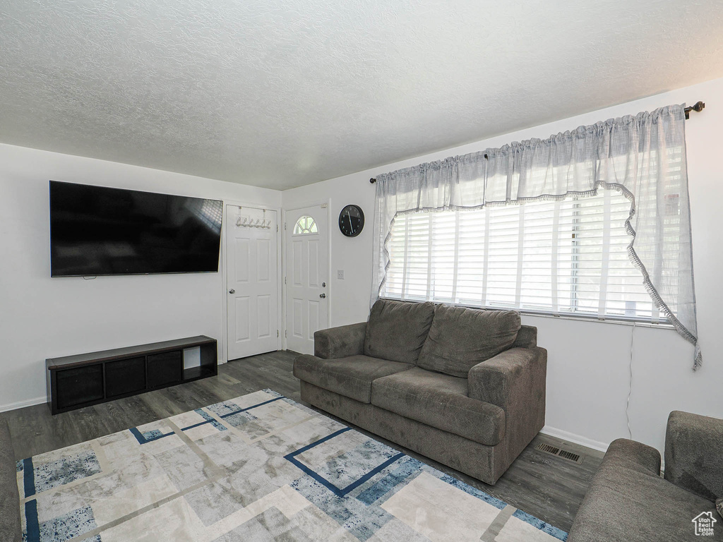 Living room with wood finished floors, healthy amount of natural light, baseboards, and a textured ceiling