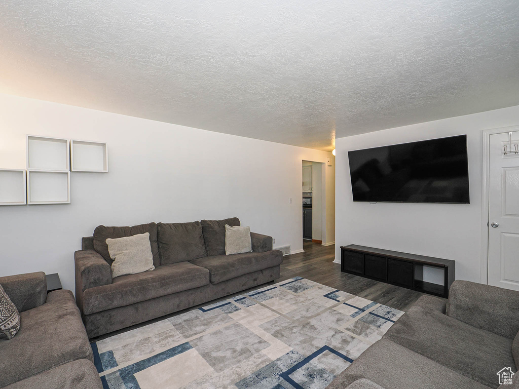 Living area with wood finished floors, a textured ceiling, and baseboards