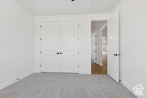 Unfurnished bedroom featuring carpet, baseboards, and a closet