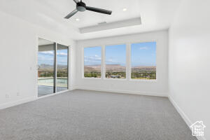 Carpeted spare room featuring a raised ceiling, a ceiling fan, and baseboards