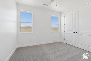 Unfurnished bedroom featuring baseboards, multiple windows, carpet floors, and a closet