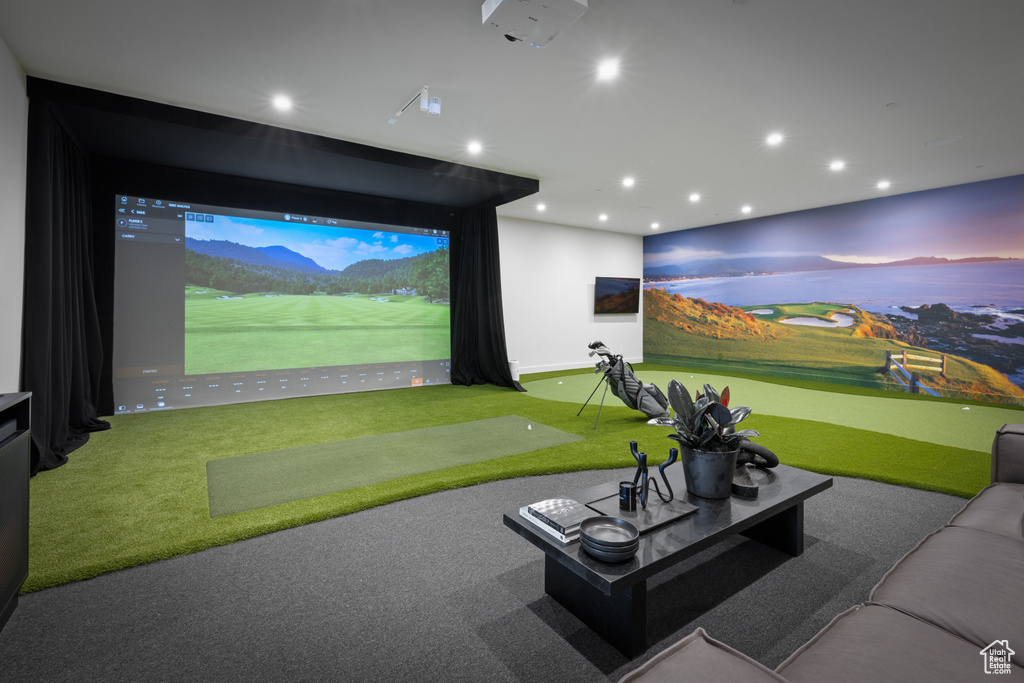 Recreation room with golf simulator, carpet floors, and recessed lighting