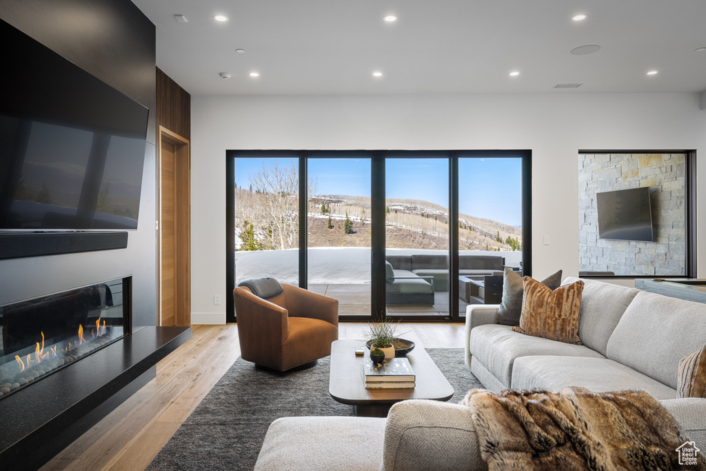 Living area featuring a large fireplace, light wood-type flooring, recessed lighting, and plenty of natural light