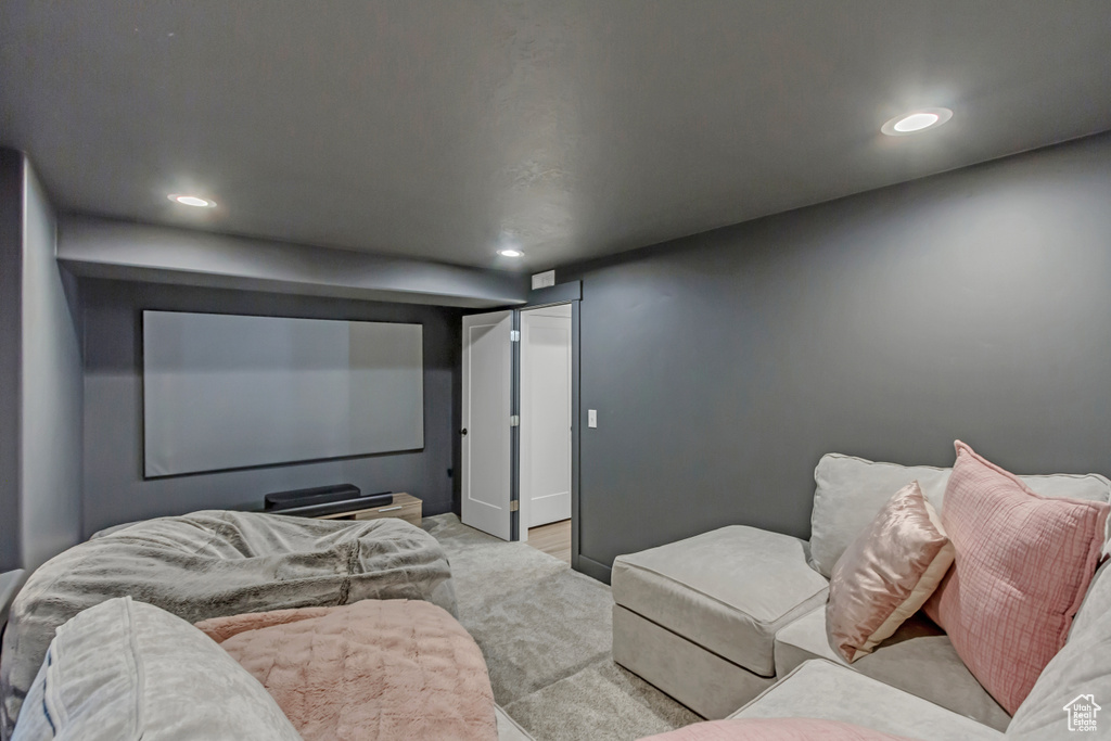 Home theater room with recessed lighting