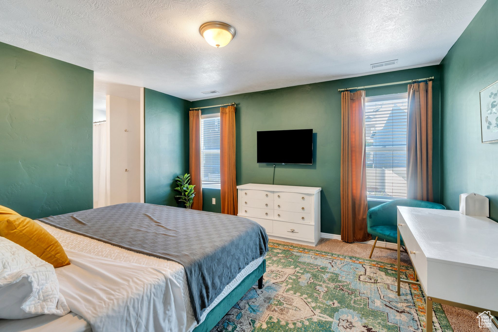 Bedroom featuring a textured ceiling, carpet floors, and baseboards