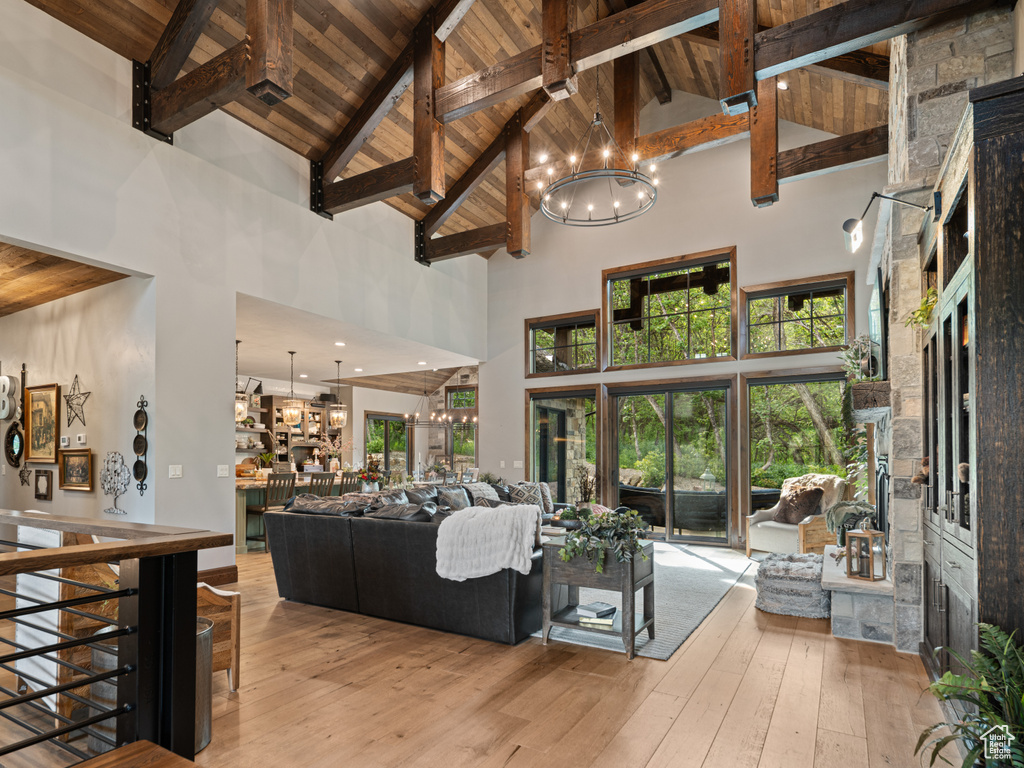 Living area featuring high vaulted ceiling, wood ceiling with exposed beams, a chandelier, wood-type flooring, and a fireplace