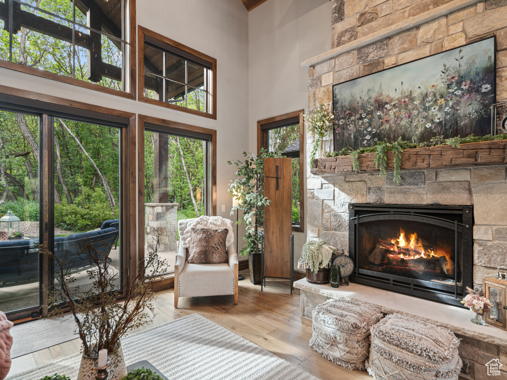 Living room featuring a stone fireplace, a high ceiling, and wood-type flooring