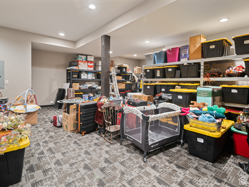 Below grade area with recessed lighting and carpet flooring