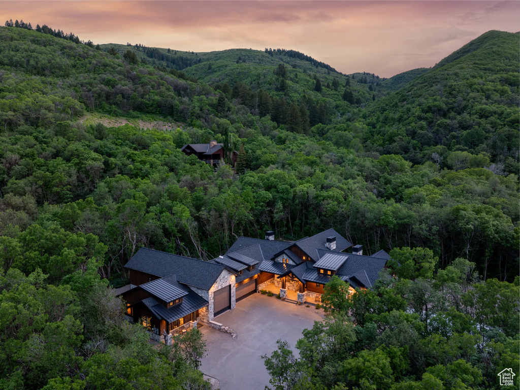 Aerial view at dusk of a forest view and a mountain view