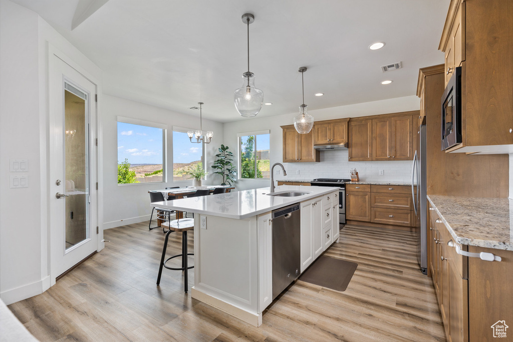 Kitchen with stainless steel appliances, a sink, brown cabinetry, light wood finished floors, and recessed lighting
