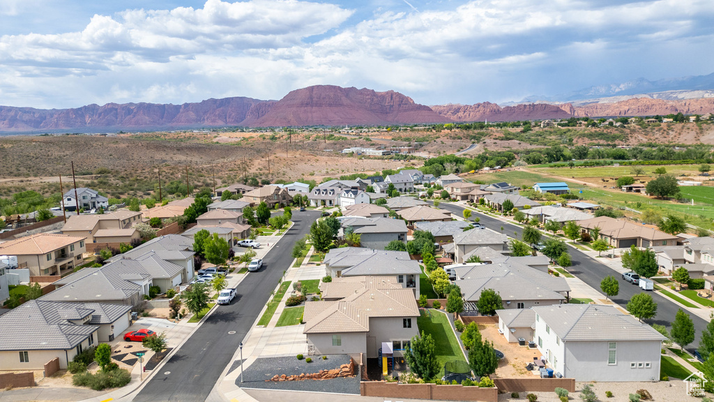 Aerial perspective of suburban area featuring mountains