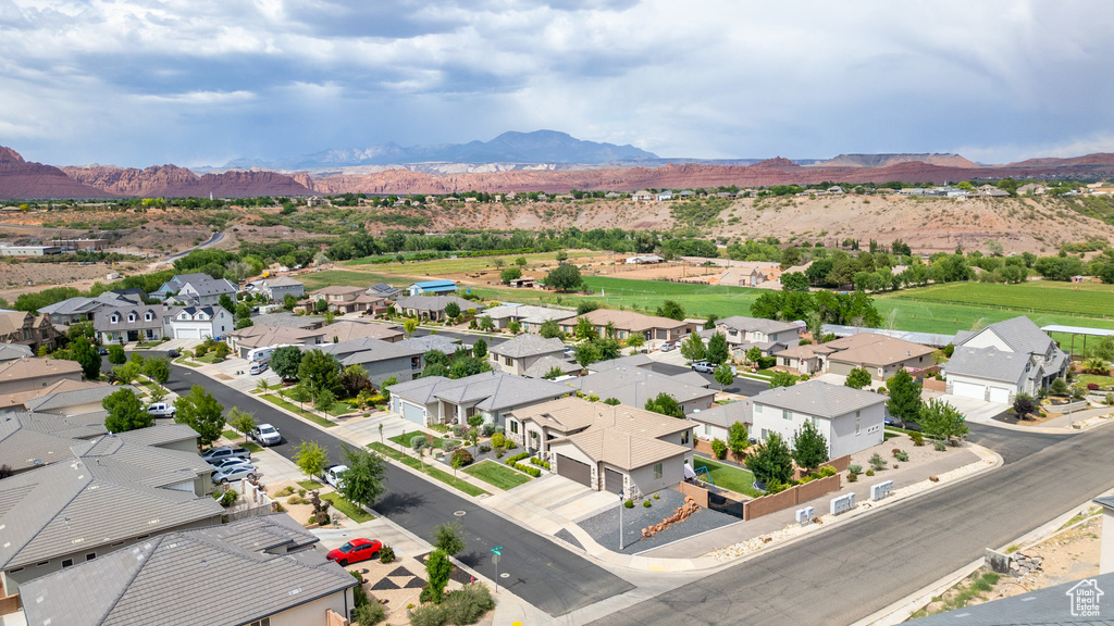 Aerial perspective of suburban area with mountains