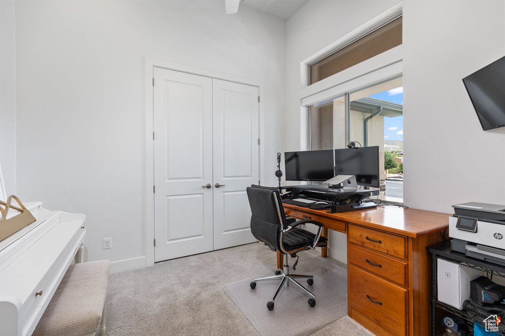 Office featuring light carpet