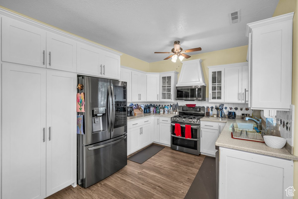 Kitchen featuring stainless steel appliances, a sink, ceiling fan, and white cabinetry