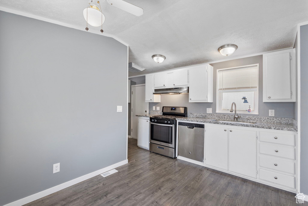 Kitchen with appliances with stainless steel finishes, a sink, under cabinet range hood, dark wood-style floors, and white cabinetry