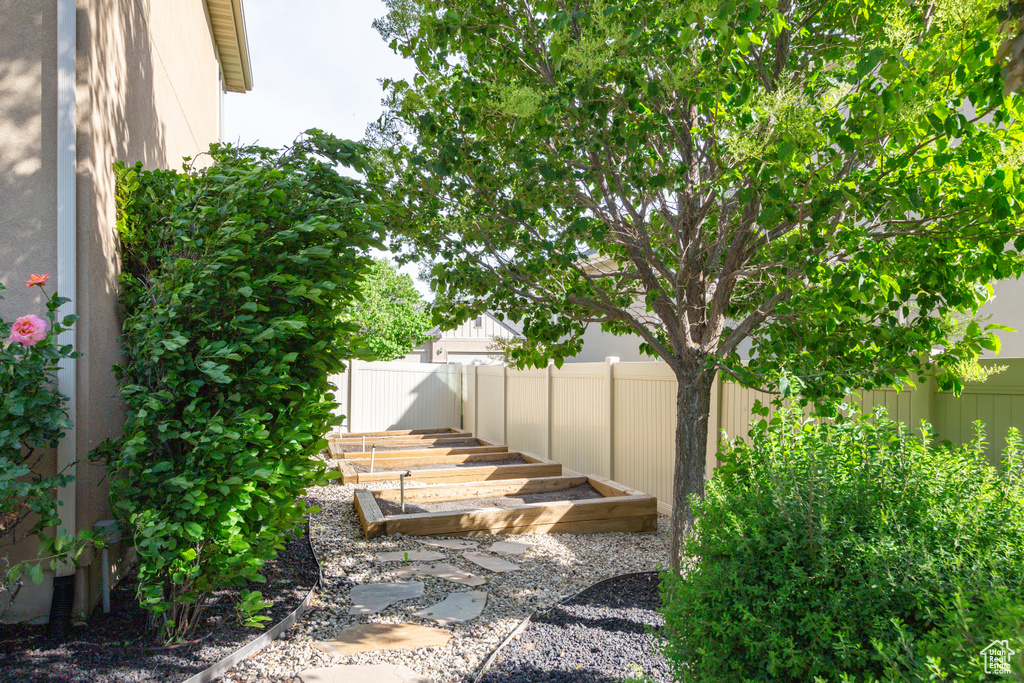 Fenced backyard with a garden