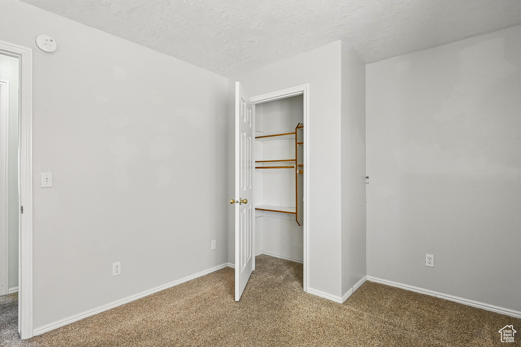 Unfurnished bedroom featuring carpet, a spacious closet, baseboards, a textured ceiling, and a closet