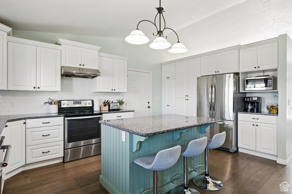 Kitchen with appliances with stainless steel finishes, under cabinet range hood, dark wood-style floors, a center island, and white cabinetry