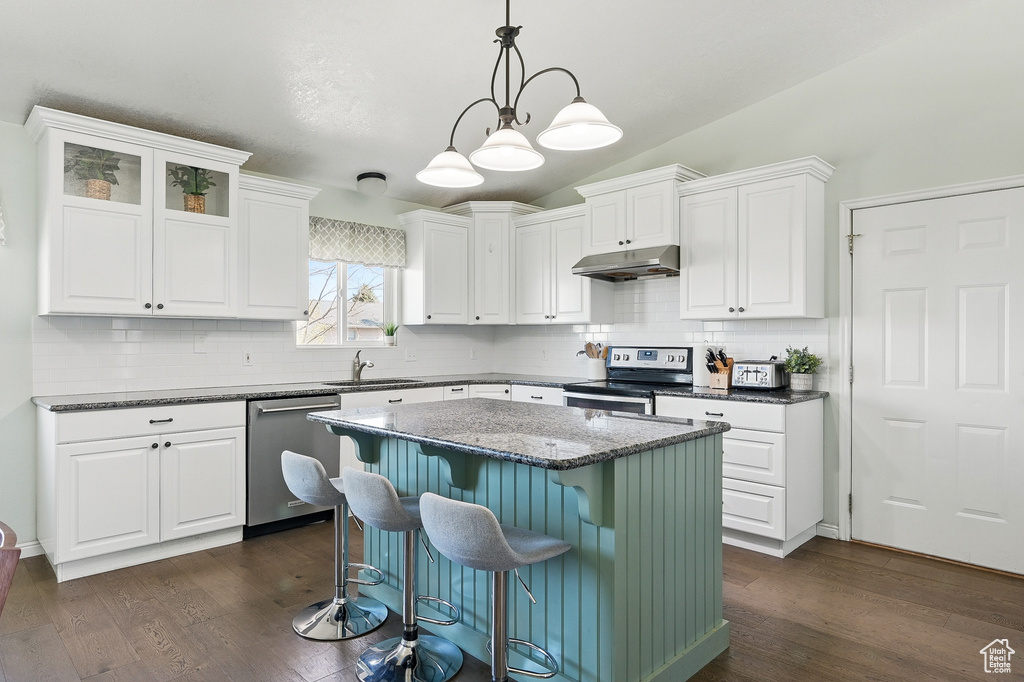 Kitchen featuring stainless steel appliances, under cabinet range hood, a sink, white cabinets, and decorative backsplash