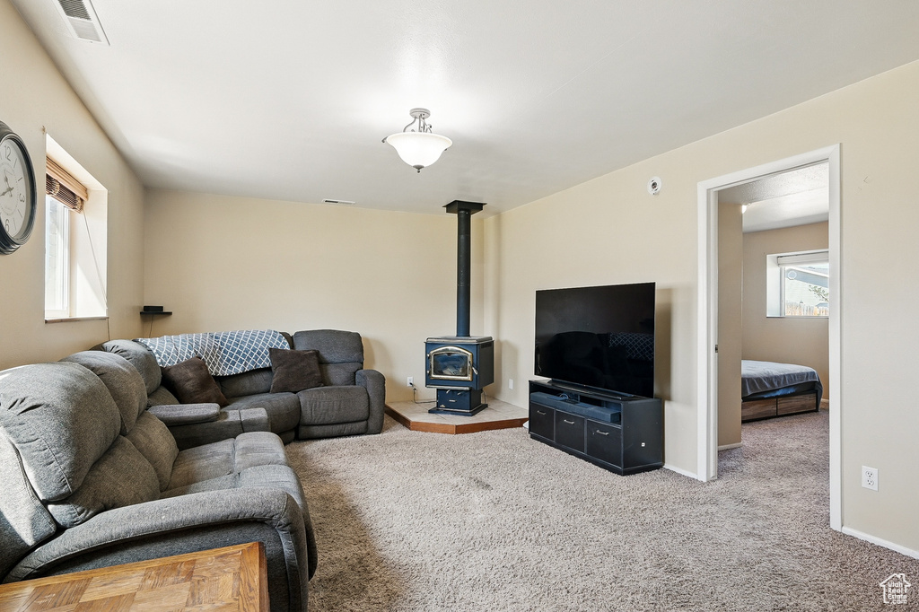 Living area featuring a wood stove and carpet