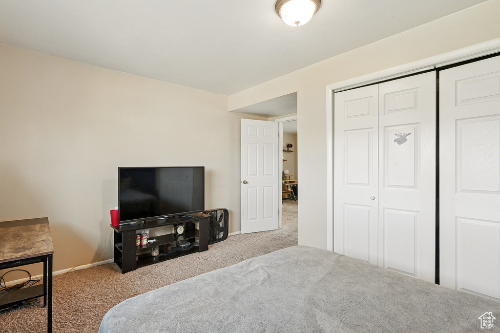 Carpeted bedroom with a closet and baseboards