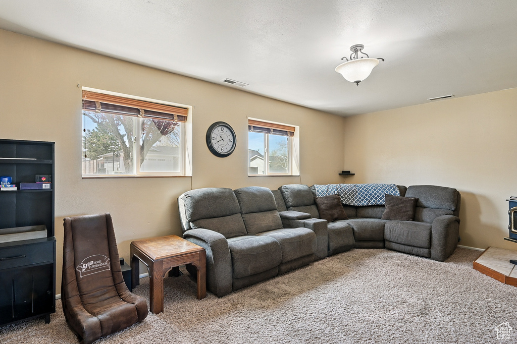 Living room featuring healthy amount of natural light and carpet
