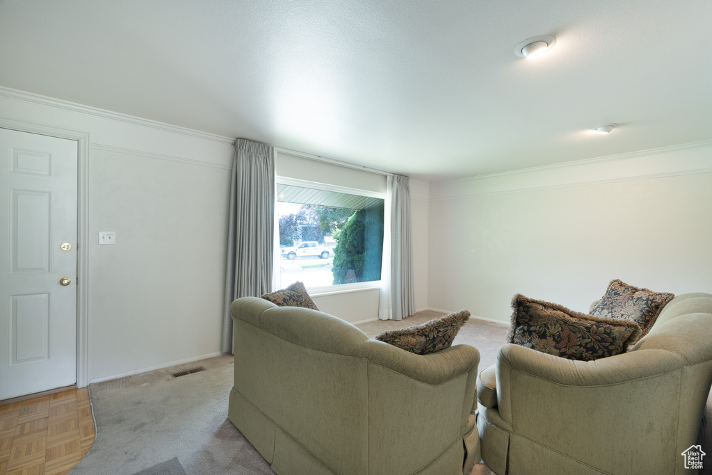 Living area featuring ornamental molding and baseboards