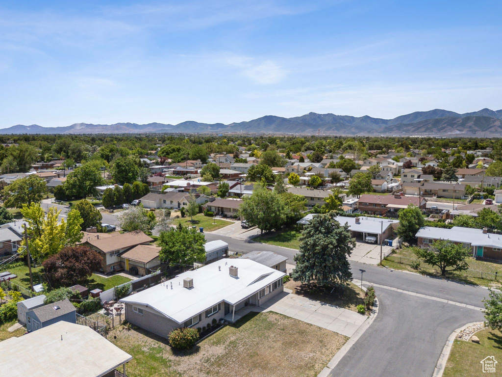 Aerial view of residential area with mountains