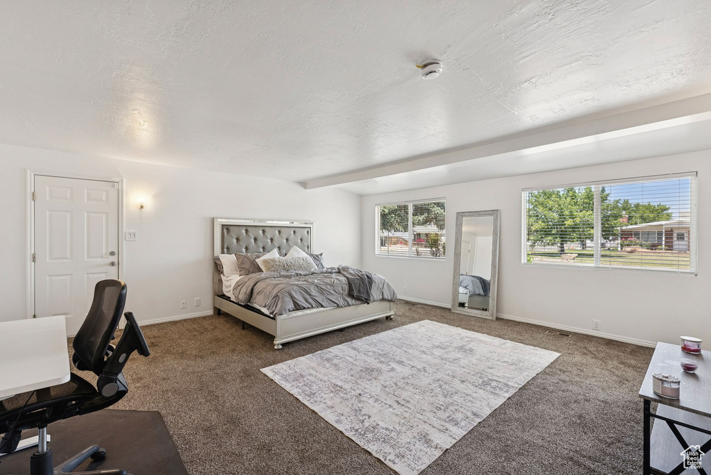 Bedroom with carpet, baseboards, and a desk
