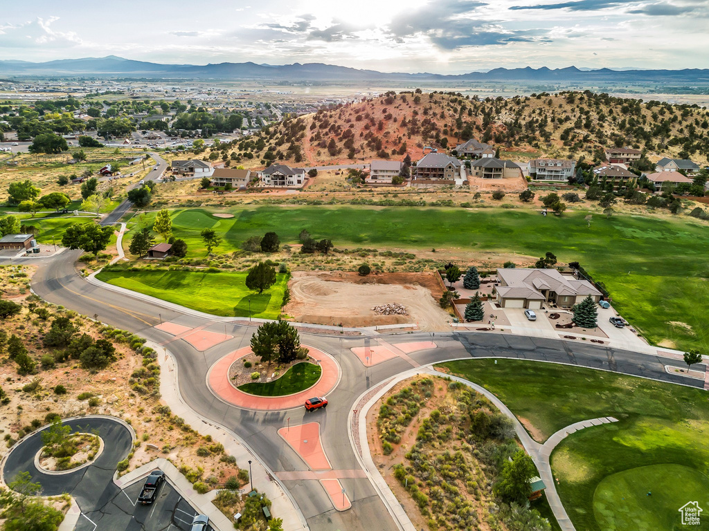 Aerial view of residential area with a mountain backdrop