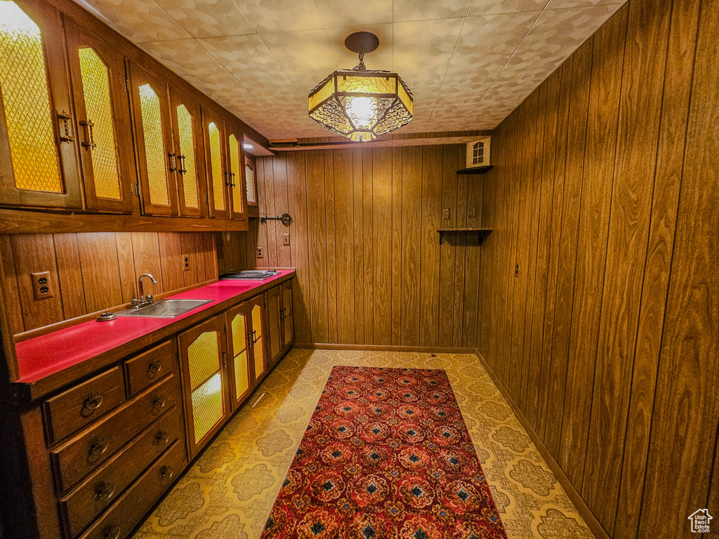 Bar area with a sink and wooden walls