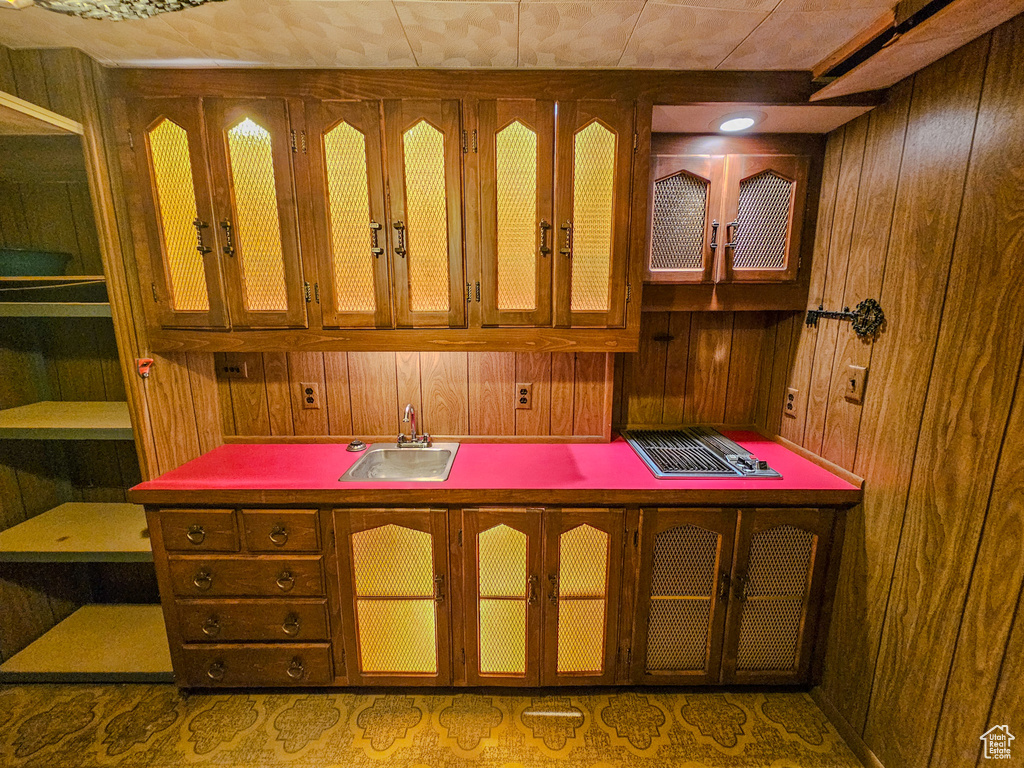 Detailed view of wooden walls and a sink