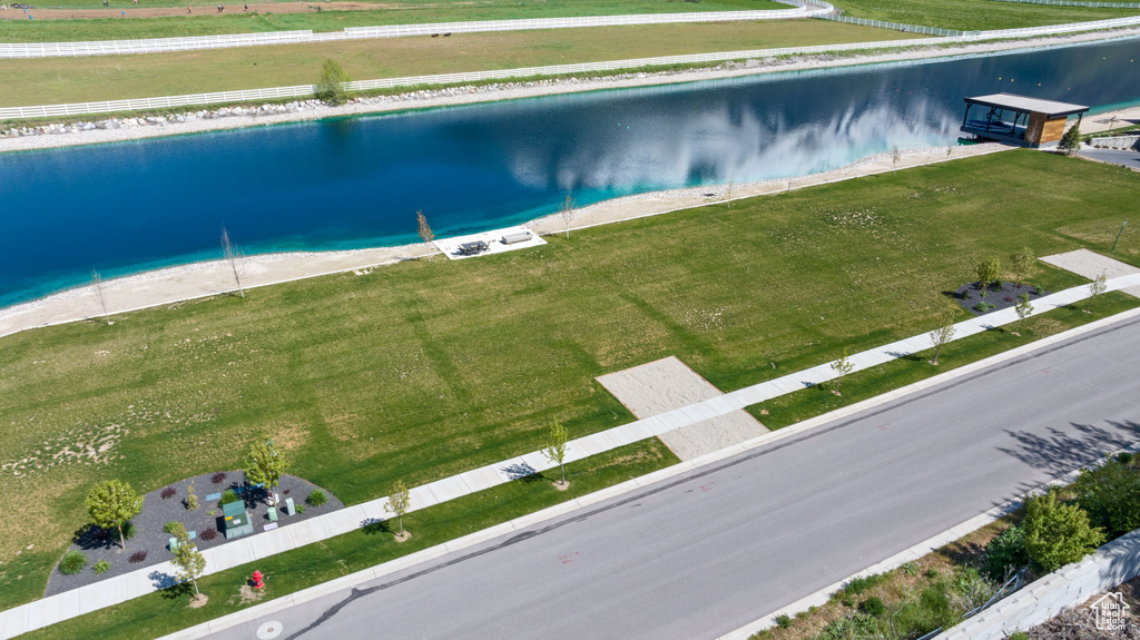 Aerial view of a nearby body of water