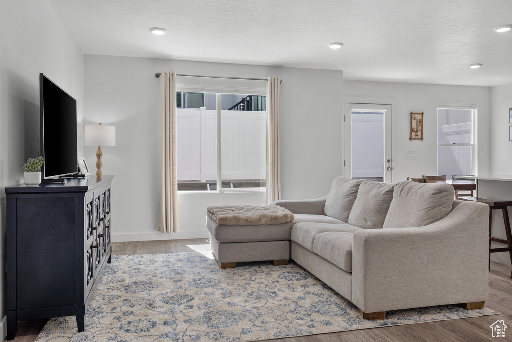Living room featuring light wood-style flooring, healthy amount of natural light, and recessed lighting