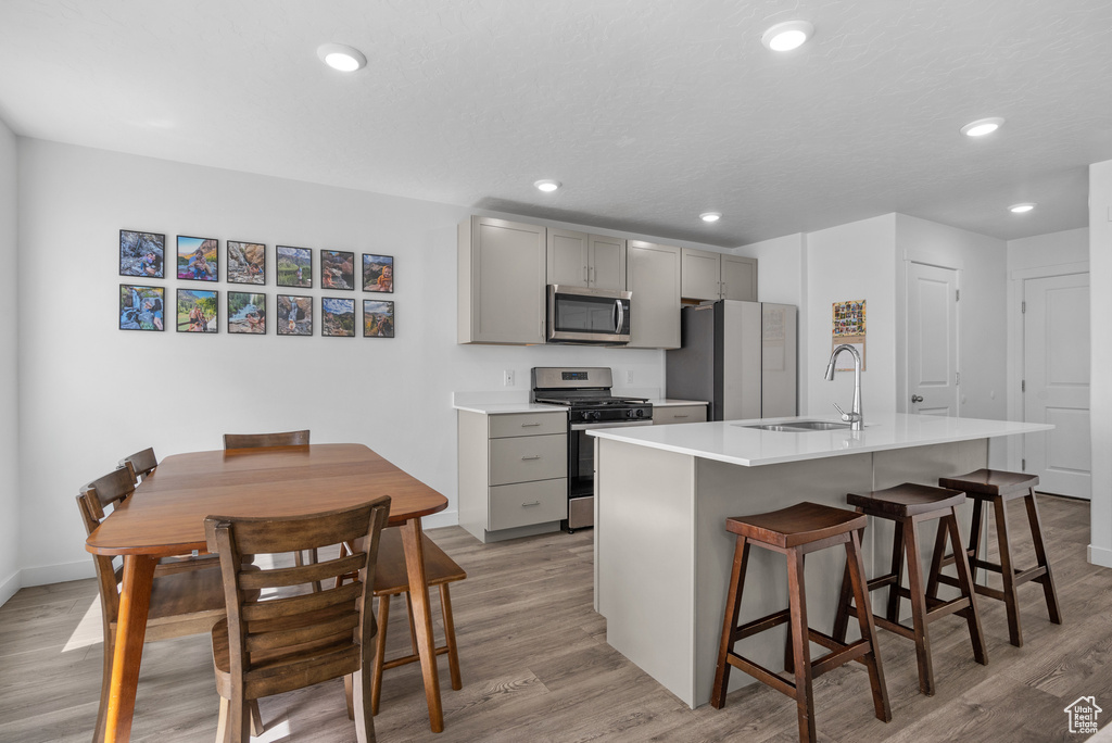 Kitchen featuring appliances with stainless steel finishes, gray cabinets, a sink, a kitchen island with sink, and light wood-style flooring