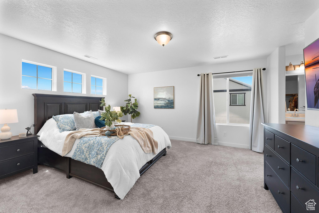 Bedroom with light colored carpet, a textured ceiling, and baseboards