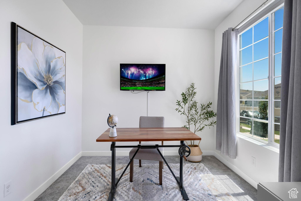Carpeted office space featuring baseboards and plenty of natural light