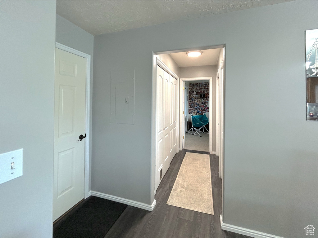 Hallway featuring baseboards, dark wood-type flooring, and electric panel