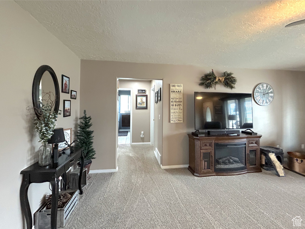 Living room featuring a textured ceiling, light carpet, baseboards, and healthy amount of natural light