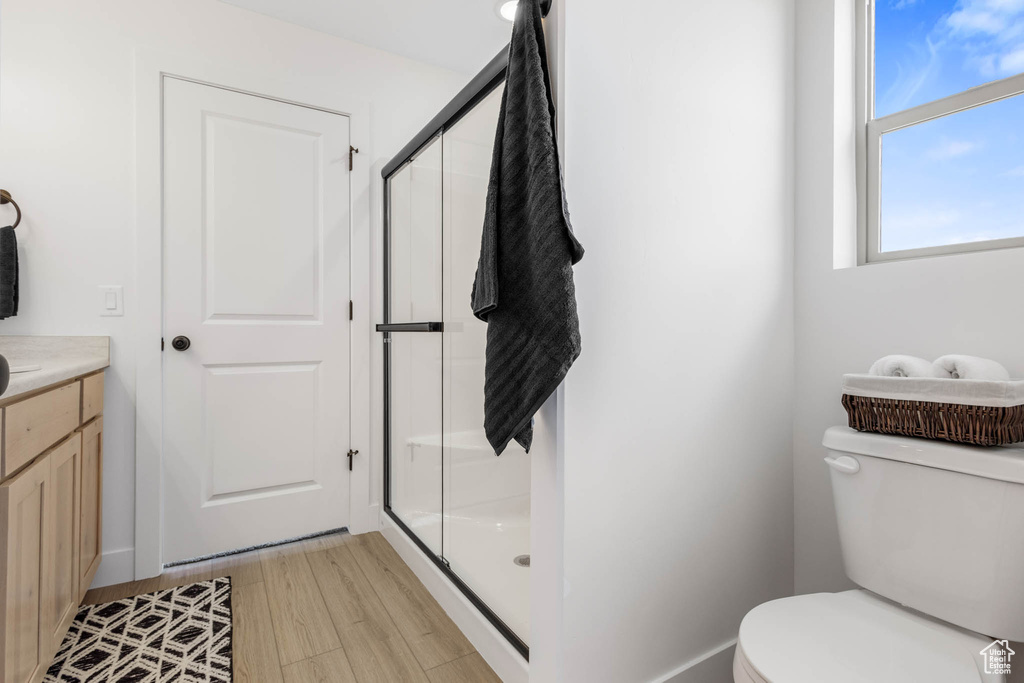Bathroom featuring a shower stall, toilet, vanity, and wood finished floors