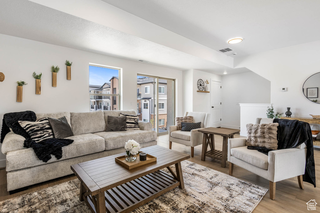 Living area featuring light wood-style flooring