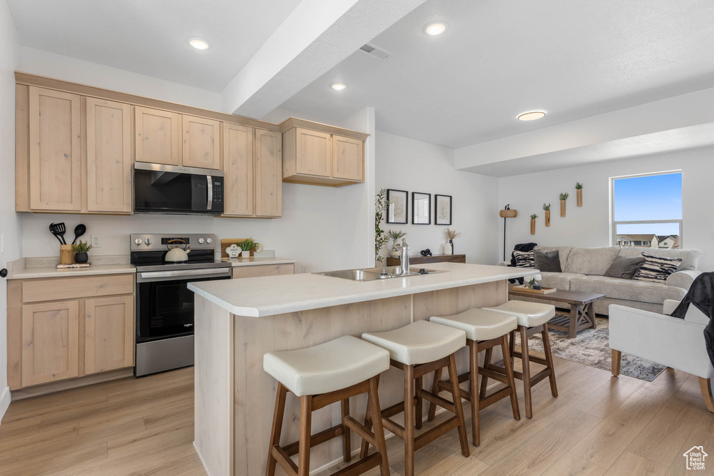 Kitchen featuring stainless steel appliances, light brown cabinets, a sink, and recessed lighting