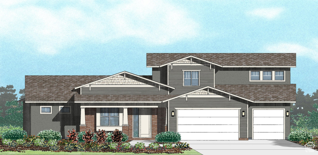 View of front facade featuring an attached garage, driveway, and a shingled roof