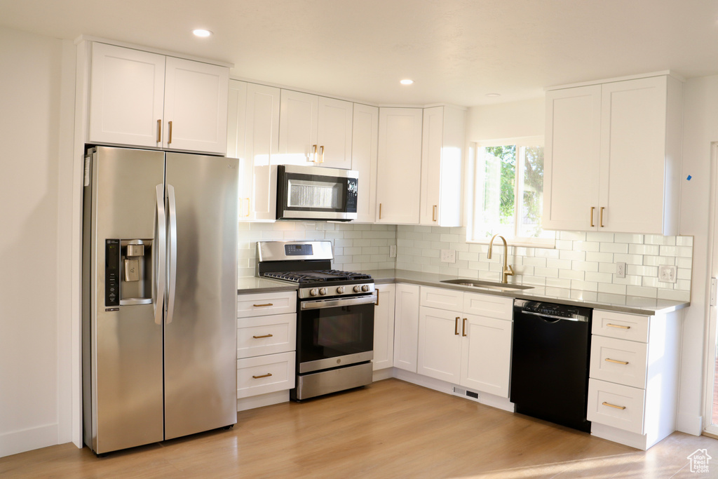 Kitchen with appliances with stainless steel finishes, a sink, white cabinetry, tasteful backsplash, and light wood-type flooring